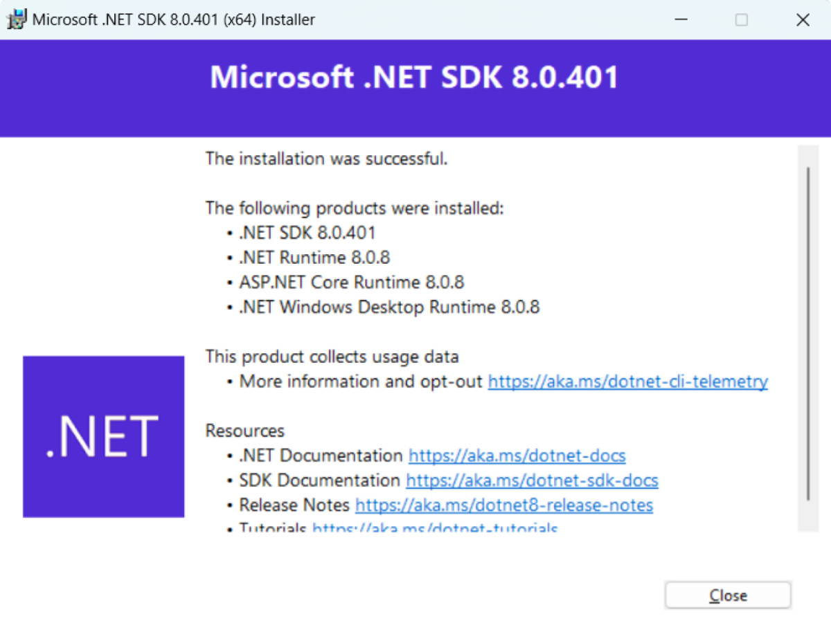 dotnet Installation Successful dotnet Installation Successful